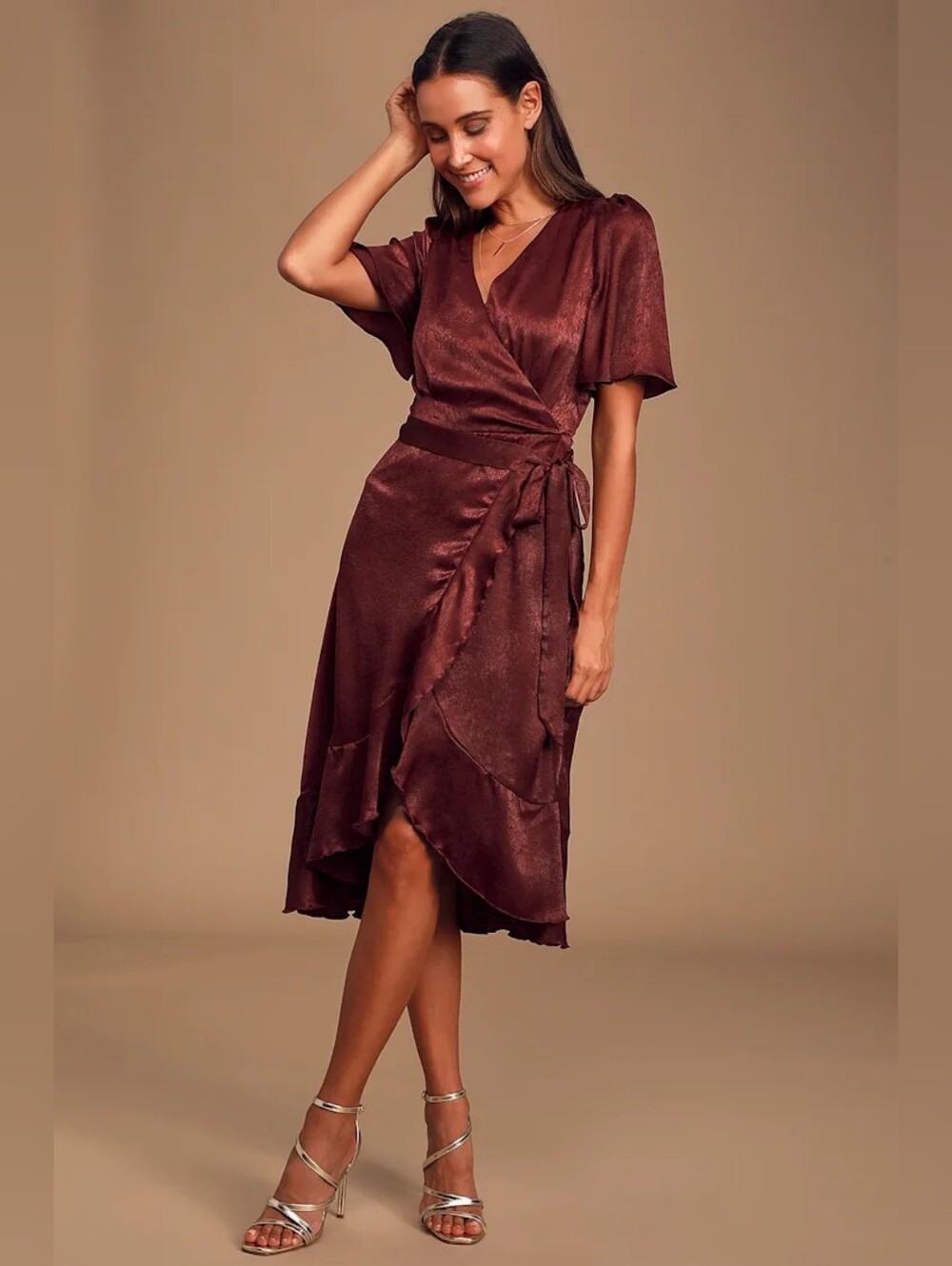 Lulus | Wrapped Up In Love Burgundy Satin Faux-Wrap Midi Dress Size XL
